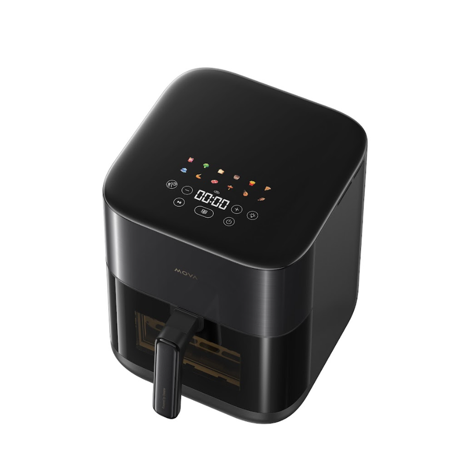 Zwarte airfryer met digitaal display. Toont instellingen, timer en voedselpictogrammen. Handvat en lade zichtbaar. MOVA merk.