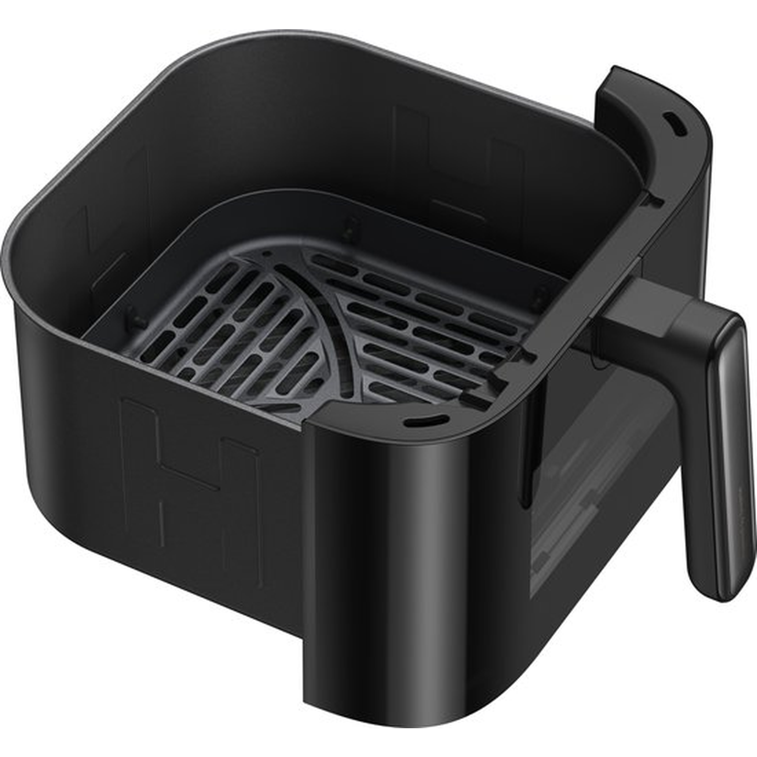 Een zwarte airfryer mand. Hij is leeg, met een handvat aan de rechterkant. Een metalen rooster zit in de mand.