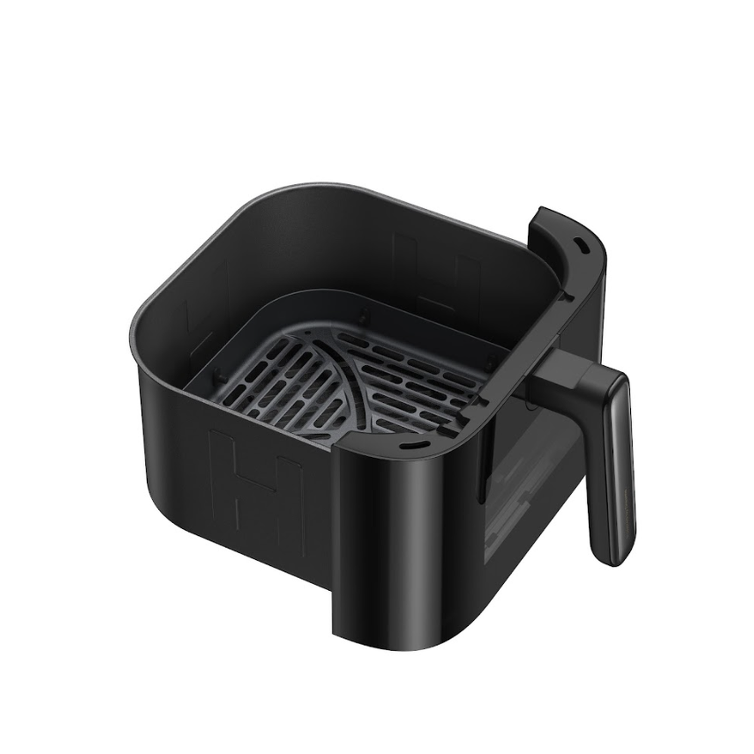 Een zwarte airfryer mand. De mand is leeg, met een handvat aan de rechterkant. Het heeft een geperforeerde metalen basis.