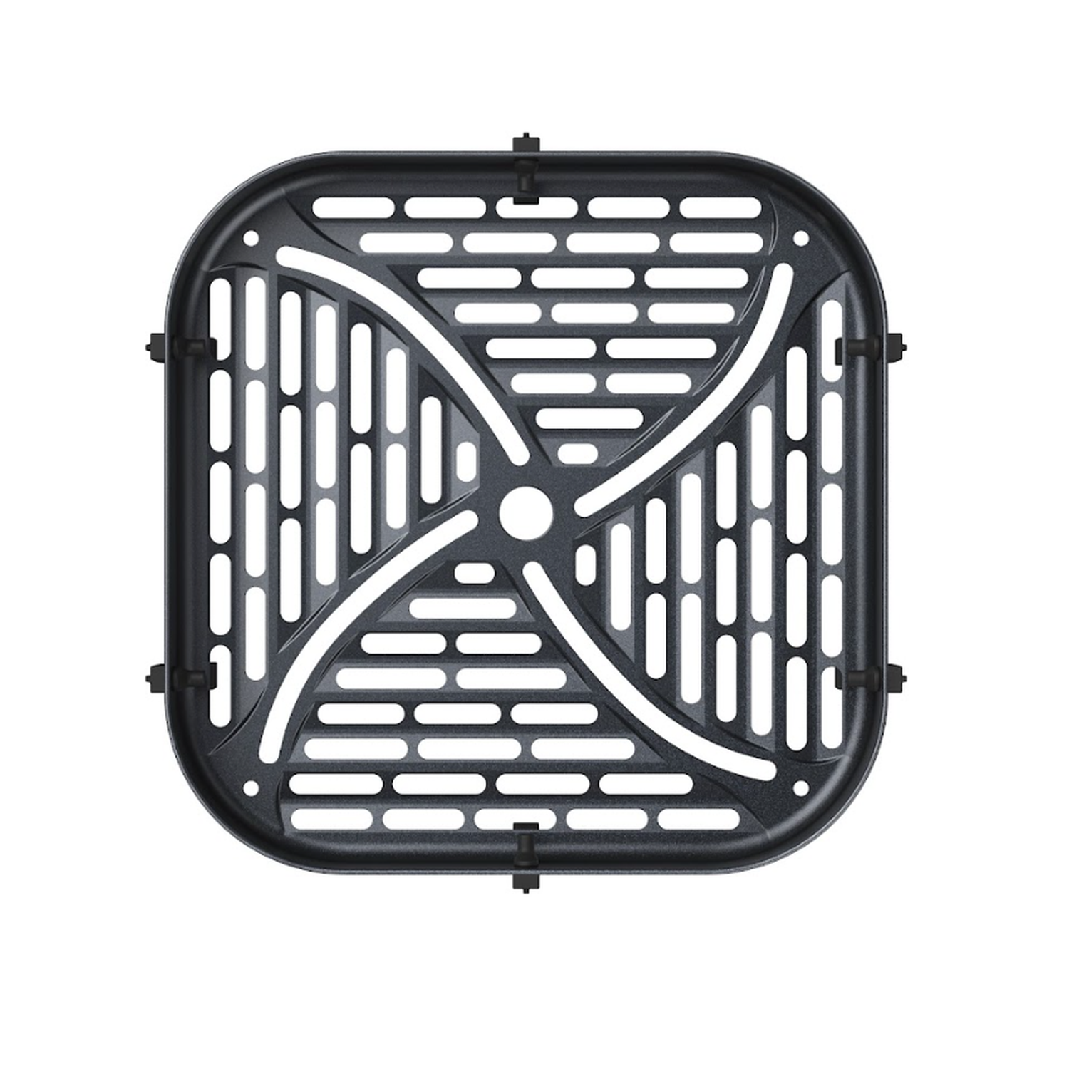 Een zwarte, vierkante airfryer-mand met een geperforeerd ontwerp. Het heeft een centrale naaf en gebogen steunen. Clips zitten op de hoeken.