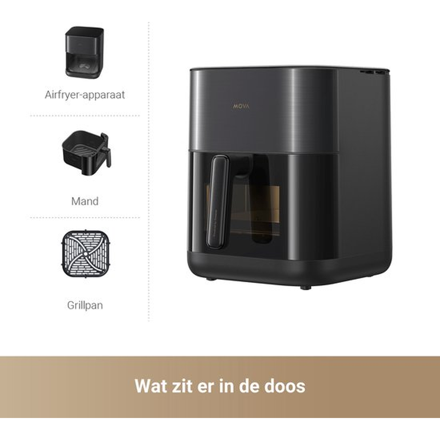 Een zwarte airfryer met de naam MOVA, samen met zijn accessoires: airfryer-apparaat, mand en grillpan.