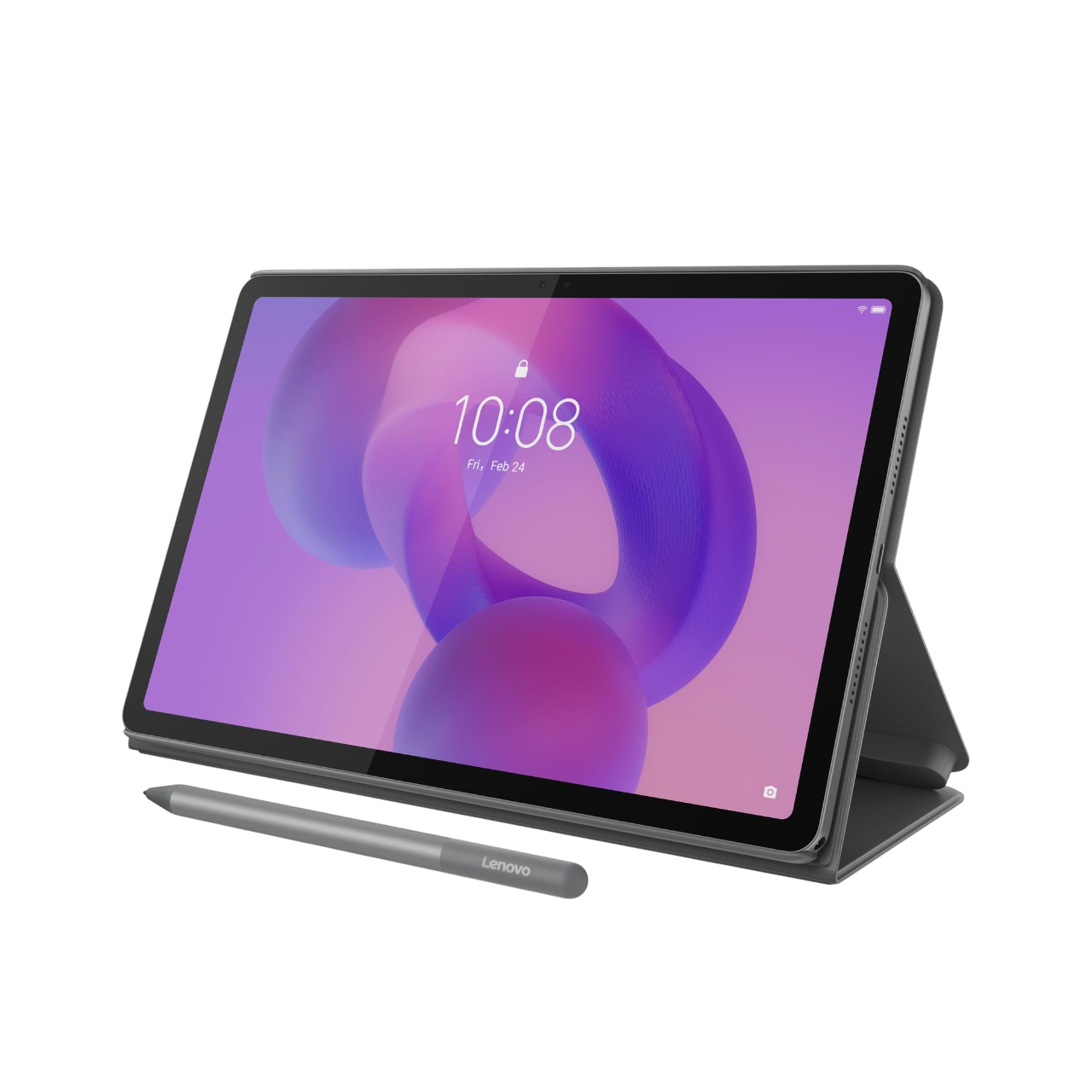 Ein Lenovo-Tablet mit Stift auf einem Ständer. Der Bildschirm zeigt die Uhrzeit an. Der Hintergrund ist schwarz.