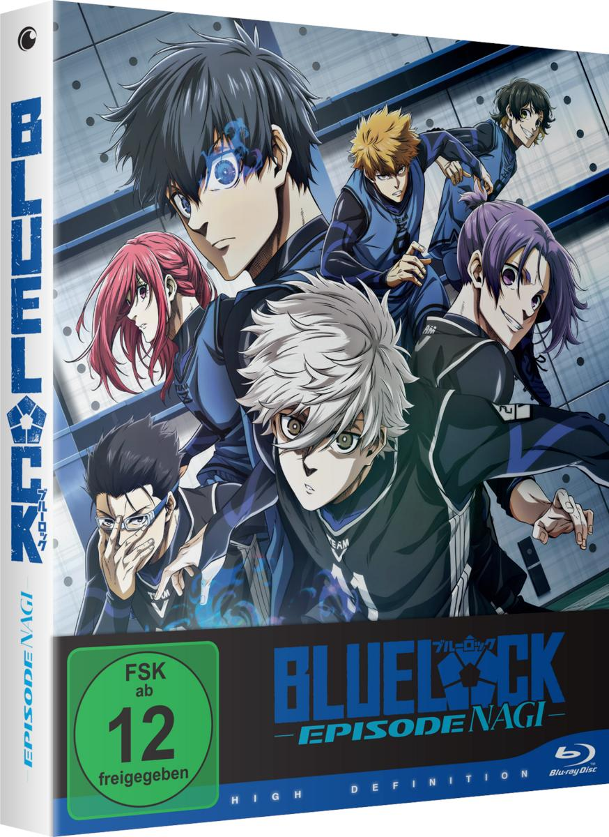 Anime-Charaktere in blauen Trikots vor einem metallischen Hintergrund, Blu-ray-Hülle.