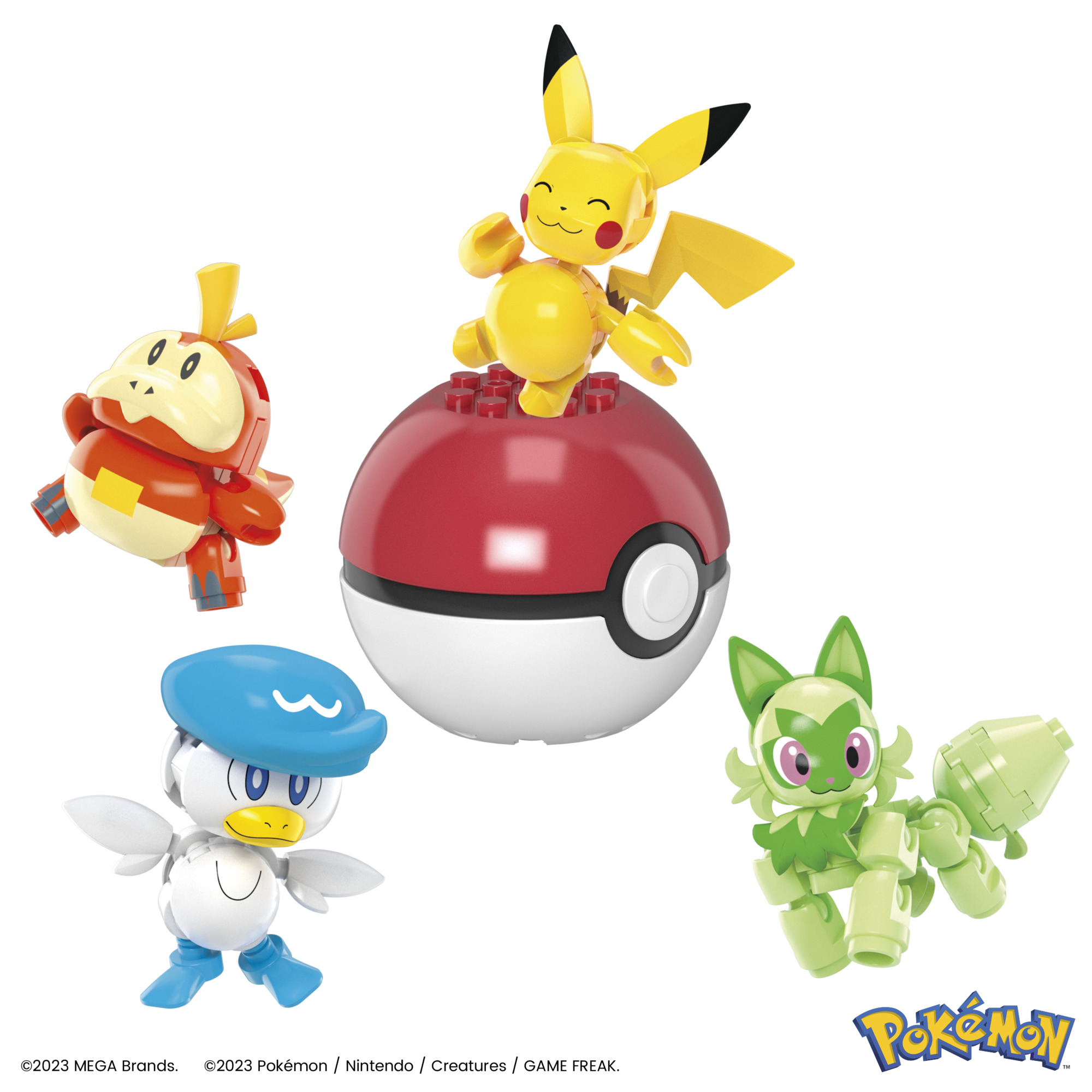 Vier Pokemon-Figuren: Pikachu auf einem Pokéball, Fuecoco, Quaxly und Sprigatito. Alles sind Konstruktionsspielzeuge.