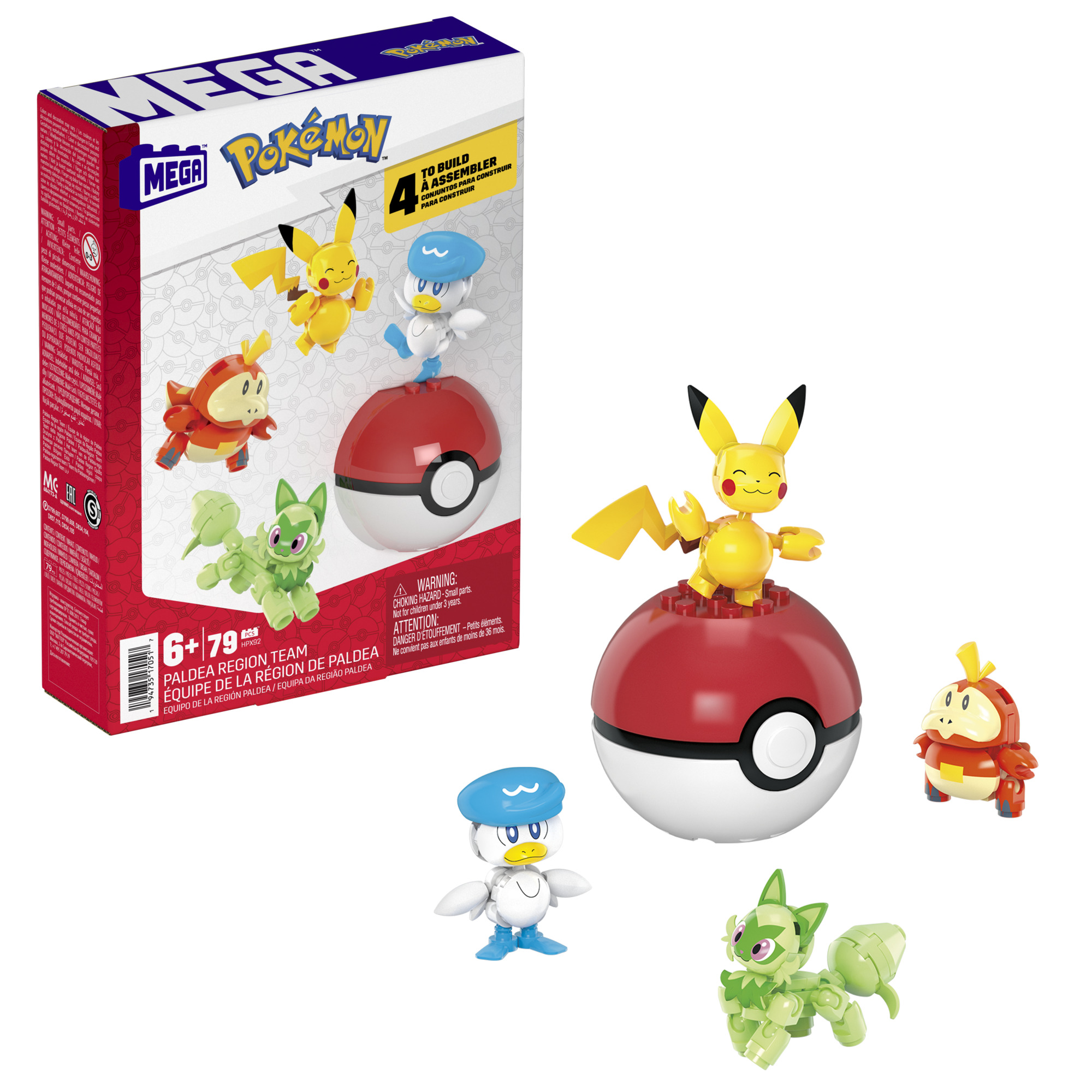 Box mit Pokémon-Figuren. Pikachu, Quaxly, Fuecoco und Sprigatito. Rote und weiße Pokébälle sind ebenfalls vorhanden.