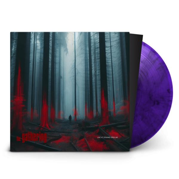 Albumcover. Eine Person steht in einem Wald mit roten Flecken. Vinyl-Schallplatte ist lila.