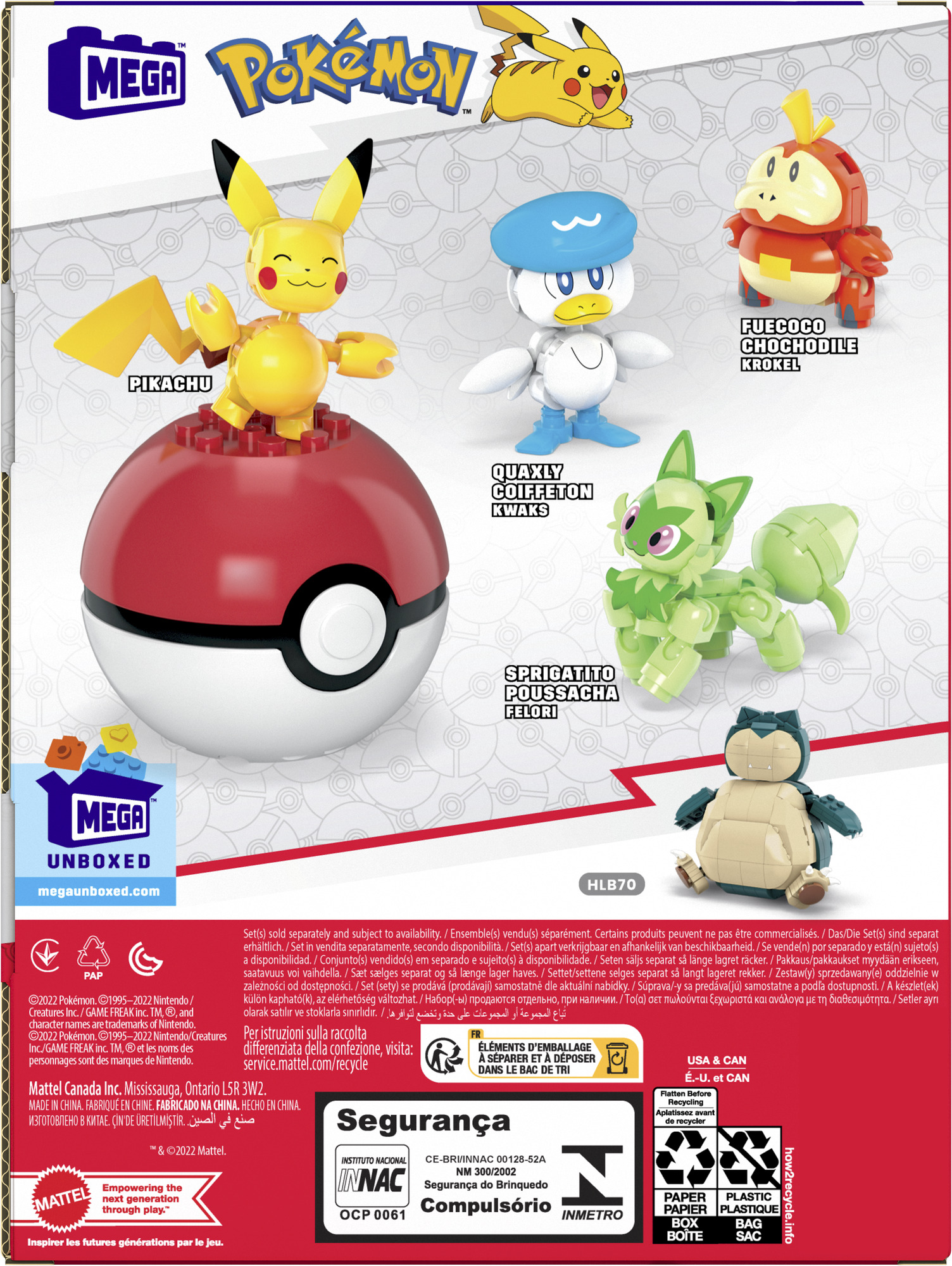 Box-Art mit Mega-Pokémon-Spielzeugen: Pikachu, Quaxly, Sprigatito, Fuecoco und Snorlax.