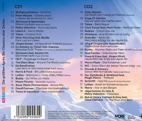 Cover einer Doppel-CD mit Songtiteln für Après-Ski-Musik. Links eine Liste für CD1, rechts für CD2.