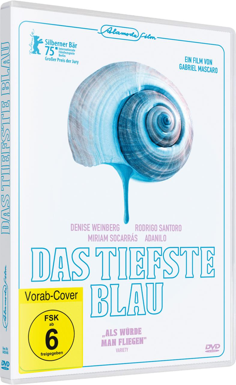 DVD-Cover. Blaue Muschel mit tropfender blauer Flüssigkeit. Titel: Das Tiefste Blau. Namen der Schauspieler und FSK 6-Rating.