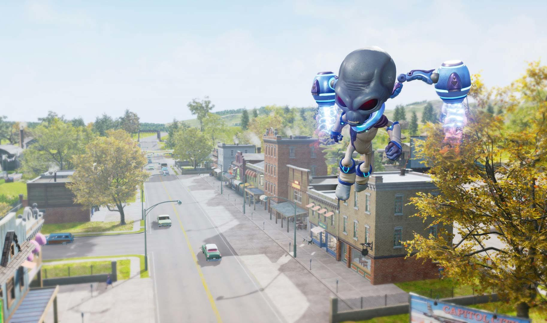 Ein Außerirdischer mit Jetpacks fliegt über eine Stadt. Gebäude säumen die Straße. Autos fahren die Straße entlang. Bäume und Himmel vervollständigen die Szene.