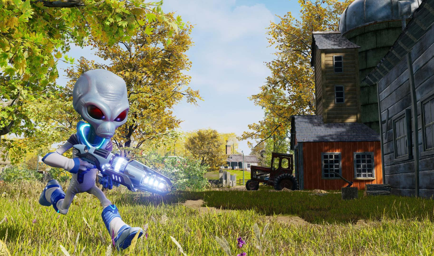 Ein Alien mit einer Strahlenkanone rennt durch ein Feld. Im Hintergrund sind ein Bauernhaus und ein Traktor zu sehen.