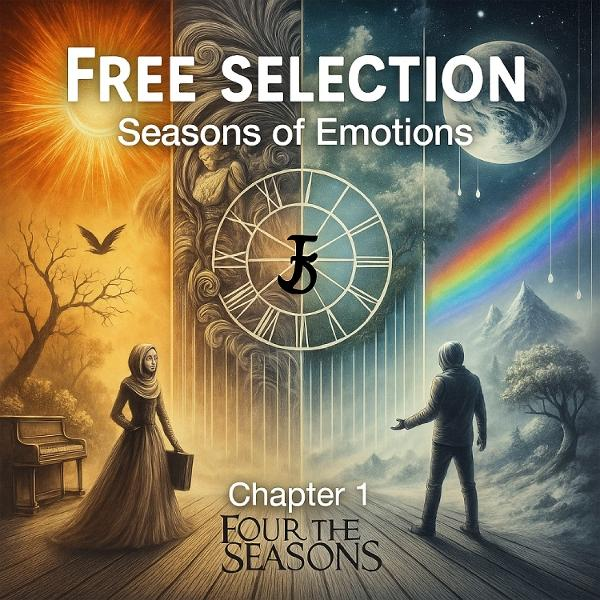 Kunstwerk zeigt Jahreszeiten, eine Uhr und Figuren in verschiedenen Umgebungen. Enthält einen Regenbogen, ein Klavier und Text mit 'Free Selection'.
