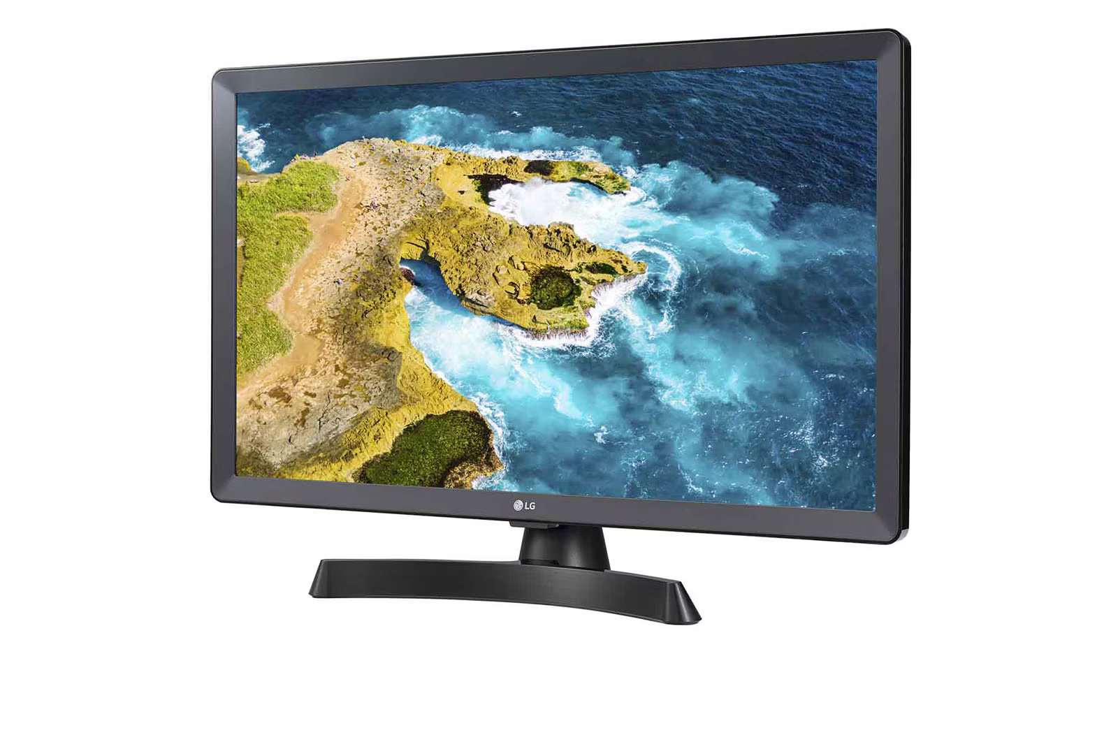 Egy LG TV kék tengerrel és zöld sziklákkal rendelkező tengerparti tájat jelenít meg. A TV fekete állványon áll.