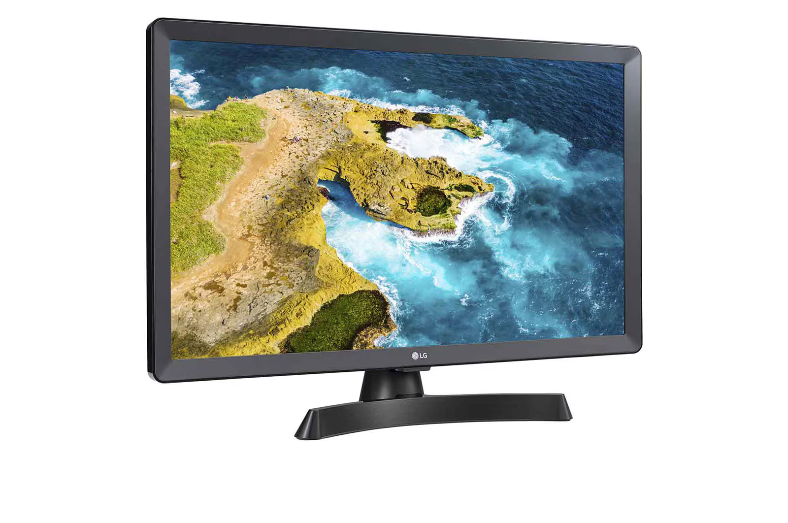 Egy fekete LG monitor egy part menti jelenetet mutat sziklákkal, zöld növényzettel és kék óceánnal, fehér hullámokkal.