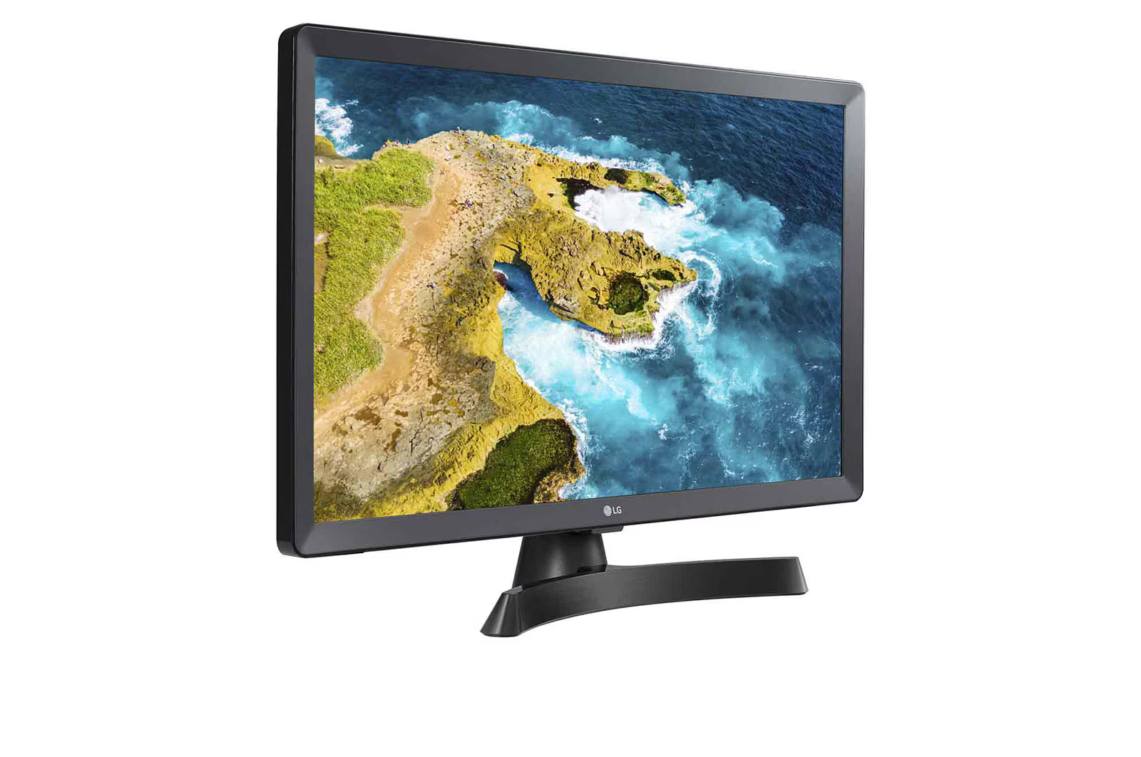 Egy LG monitor zöld szárazföldet, türkiz vizet és fehér hullámokat ábrázol, fehér háttér előtt.