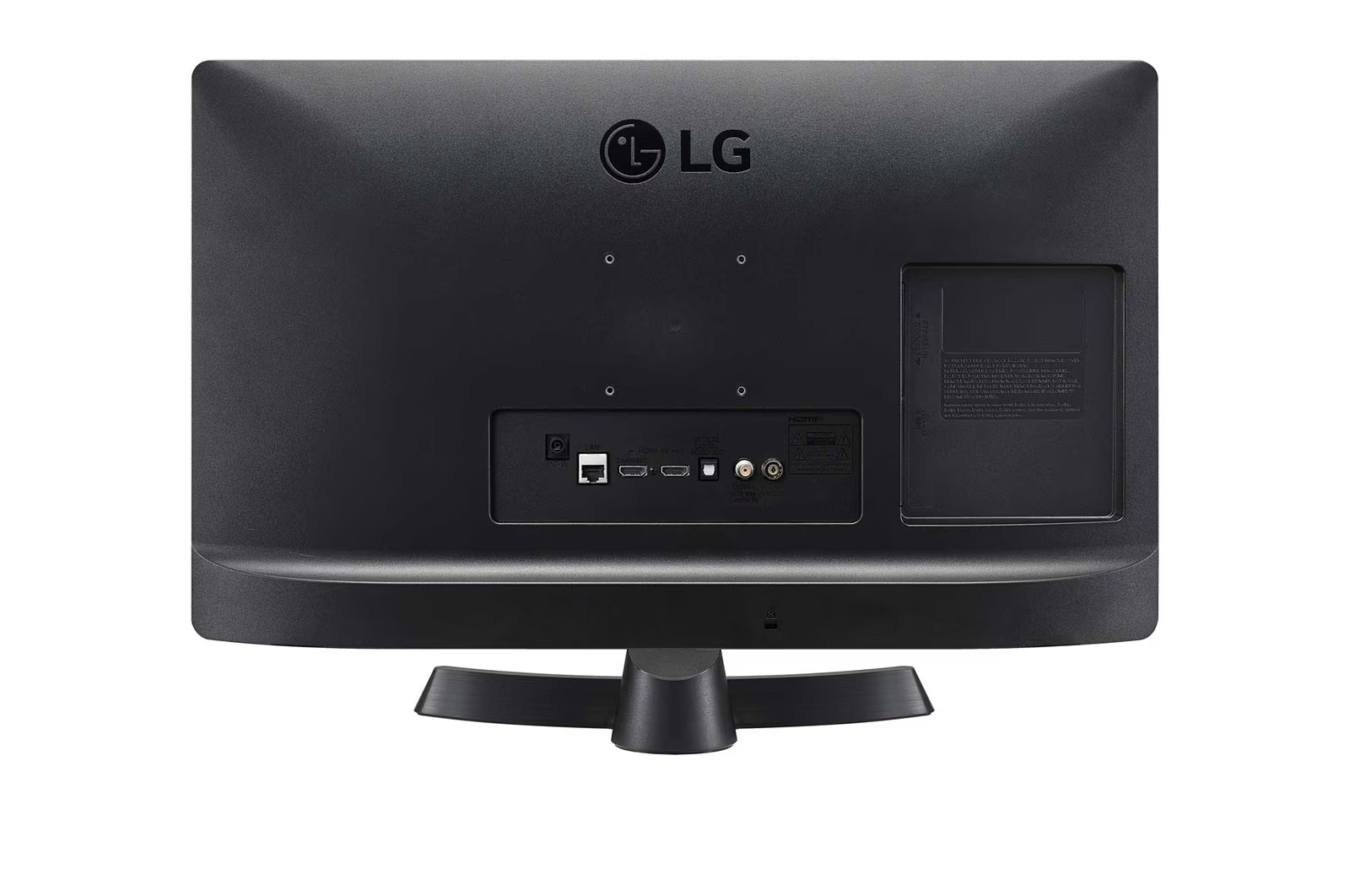 Egy fekete LG TV hátulja. Portok, állvány és az LG logó látható. Fehér háttér.