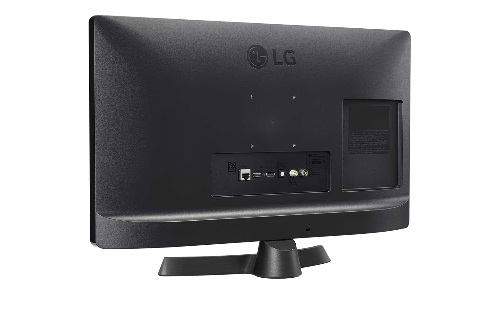 Egy fekete LG TV hátulról, portokkal. A TV egy fekete állványon áll. Az LG logó látható.