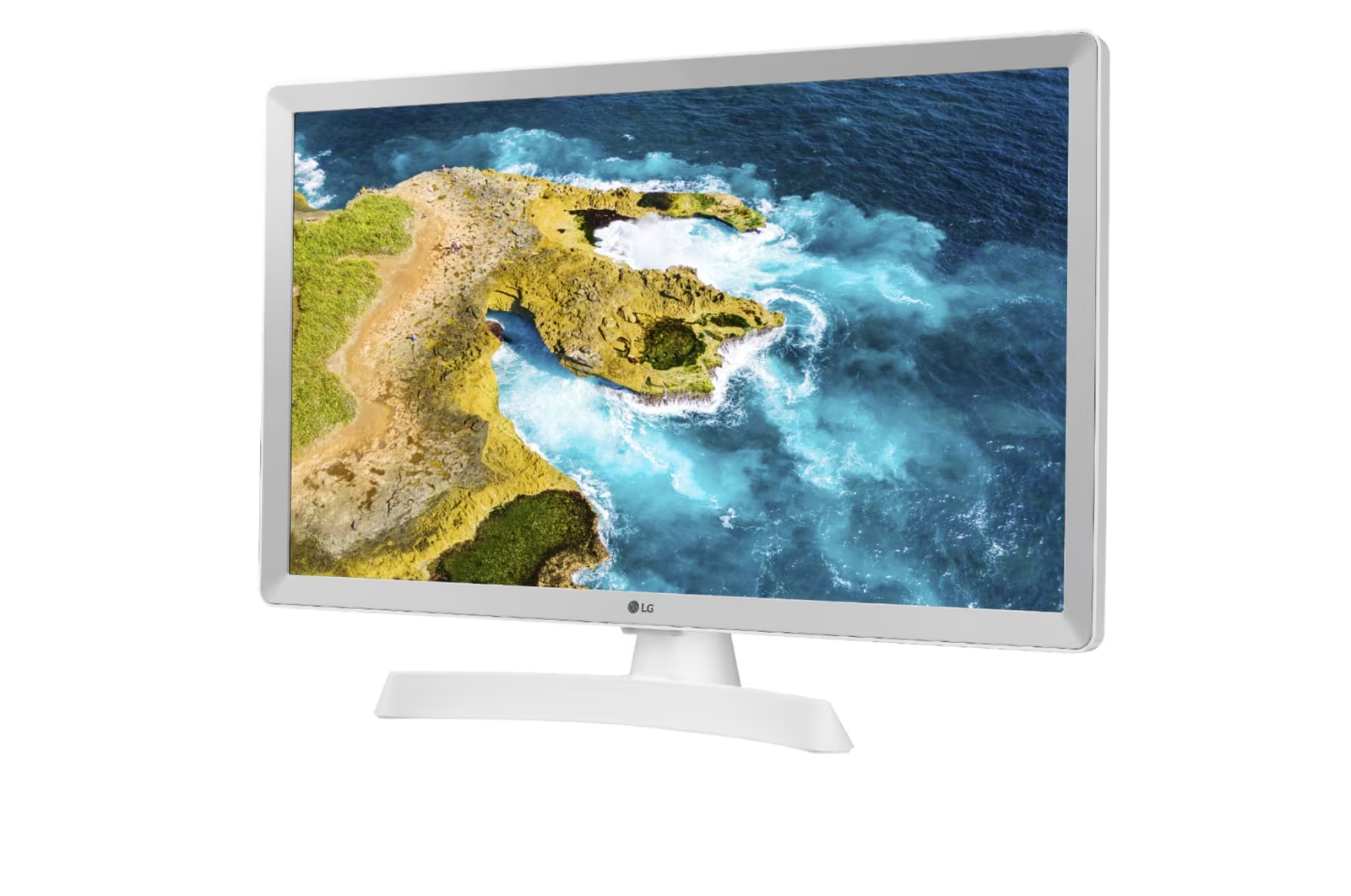 Egy fehér LG monitor tengerparti tájat mutat, türkizkék vízzel, sziklákkal és fehér állvánnyal.