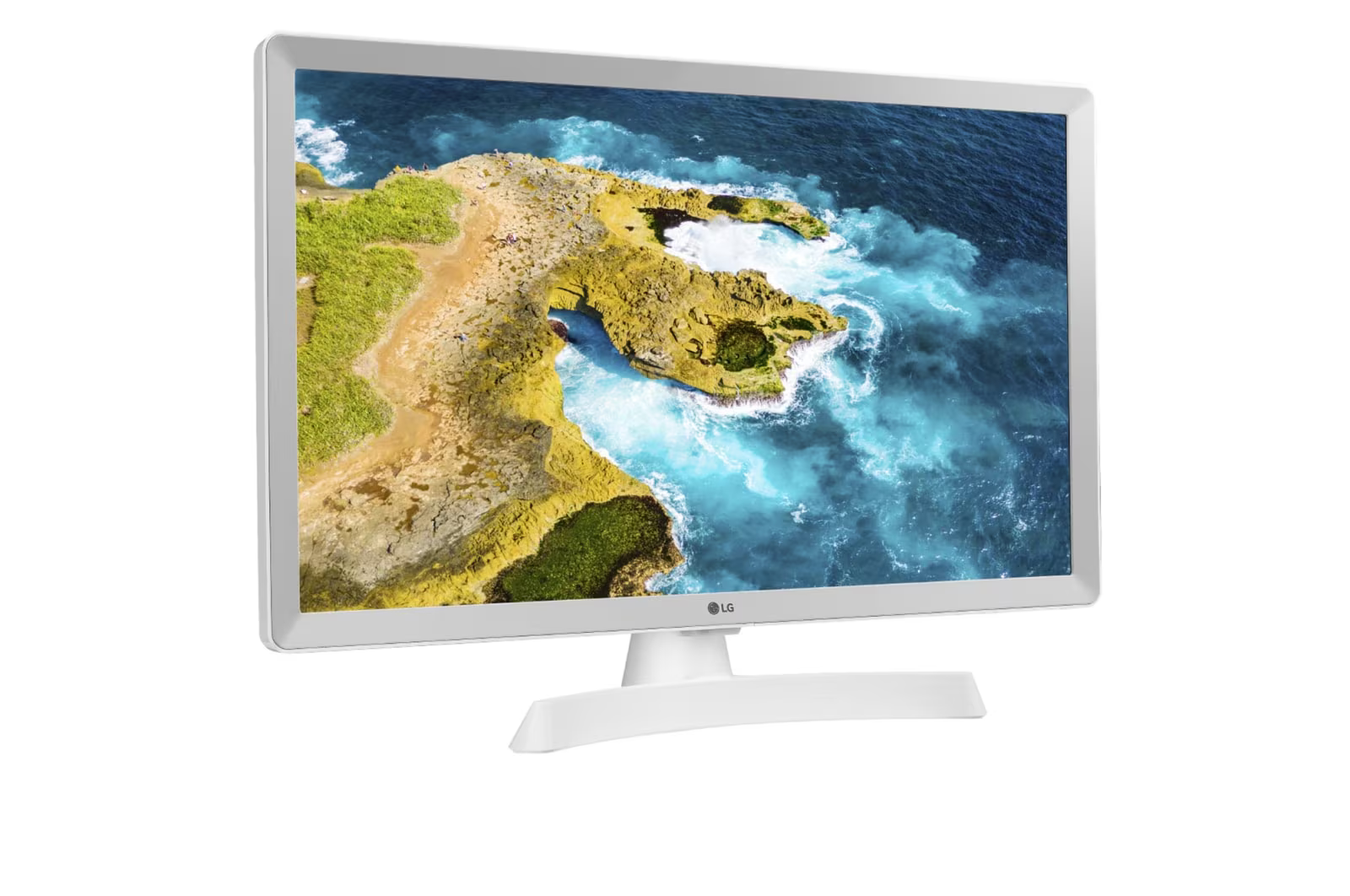 Fehér LG monitor, amely egy part menti tájat jelenít meg, türkizkék vízzel, sziklás sziklákkal és zöld növényzettel. A monitor egy fehér állványon van.