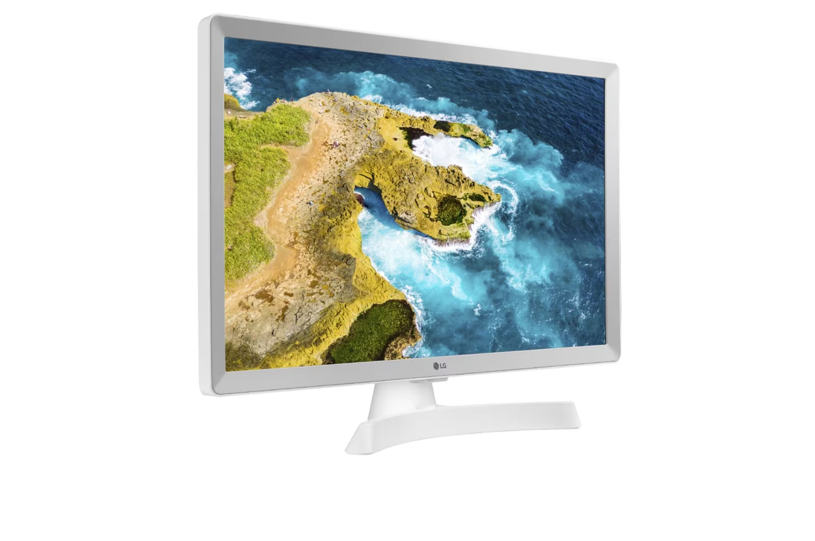 Fehér LG monitor tengerparti jelenetet jelenít meg. Zöld és sárga sziklák találkoznak a türkizkék vízzel. Monitor fehér állványon.