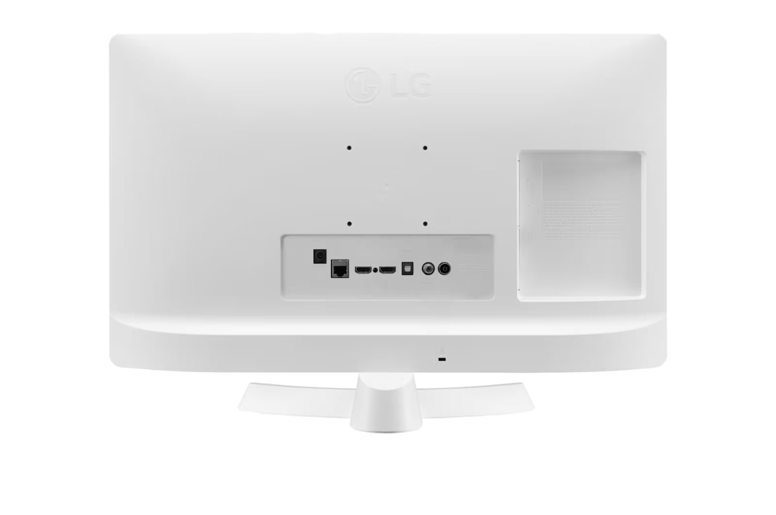 Egy fehér LG monitor hátulja. Tartalmaz portokat, állványt és az LG logót. A portok közé tartozik a HDMI, USB, audio és tápellátás.