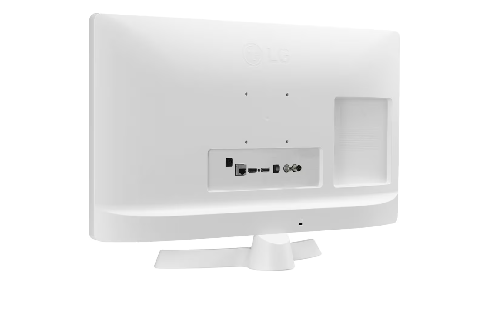 Egy fehér LG TV hátulja, látható csatlakozók, fehér állvány és az LG logója. A háttér fehér.