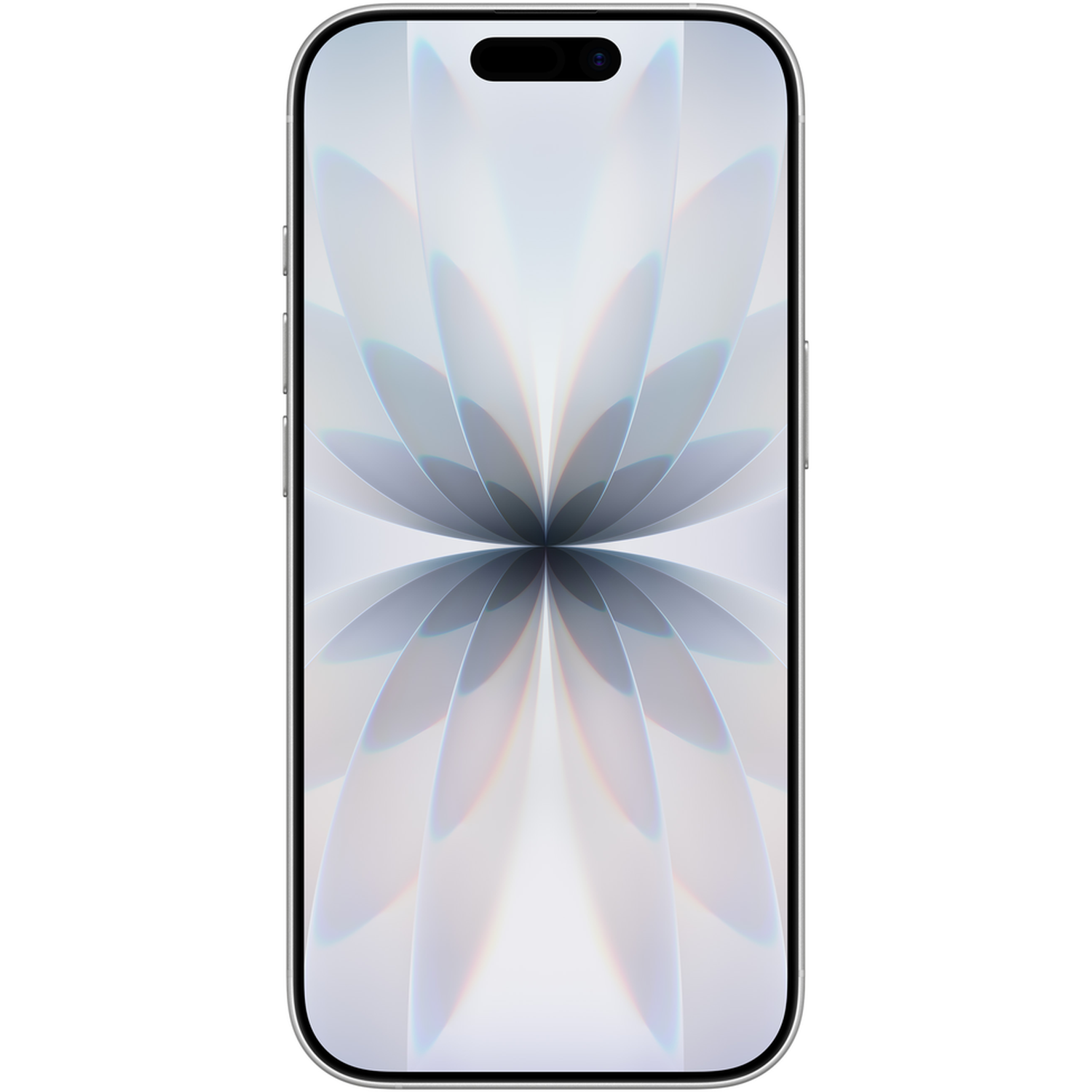 Een zilveren smartphone toont een abstract bloemenpatroon in wit en lichtblauw. De telefoon heeft een zwart camera gebied bovenaan.