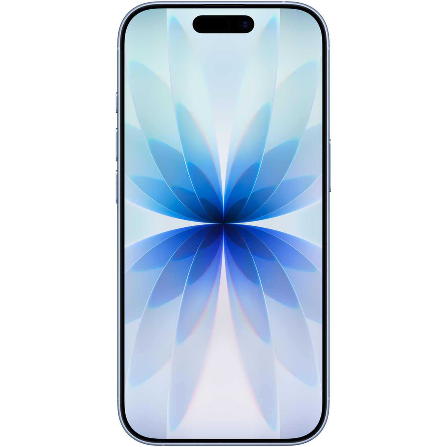 Smartphone, vooraanzicht, blauw getint scherm met bloemachtig ontwerp. Metalen frame en zwarte bovenkant.