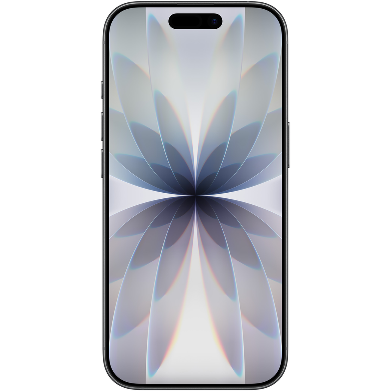 Een smartphone met een groot scherm. Het scherm toont een lichtgrijs, abstract bloemmotief. De telefoon heeft een zwarte rand.