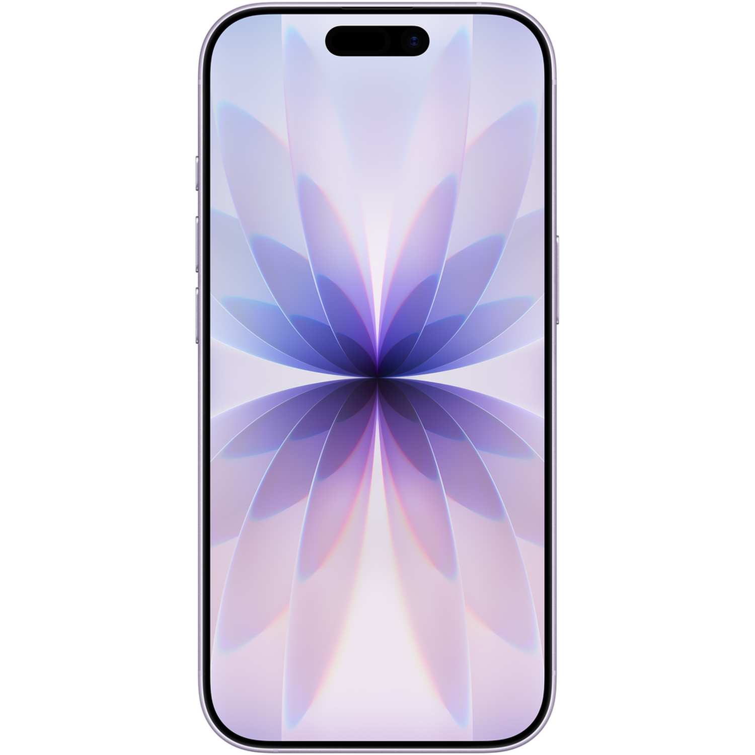 Een smartphone met een lichtpaars frame en een scherm met een bloemachtig ontwerp in paarse en witte verlopen.
