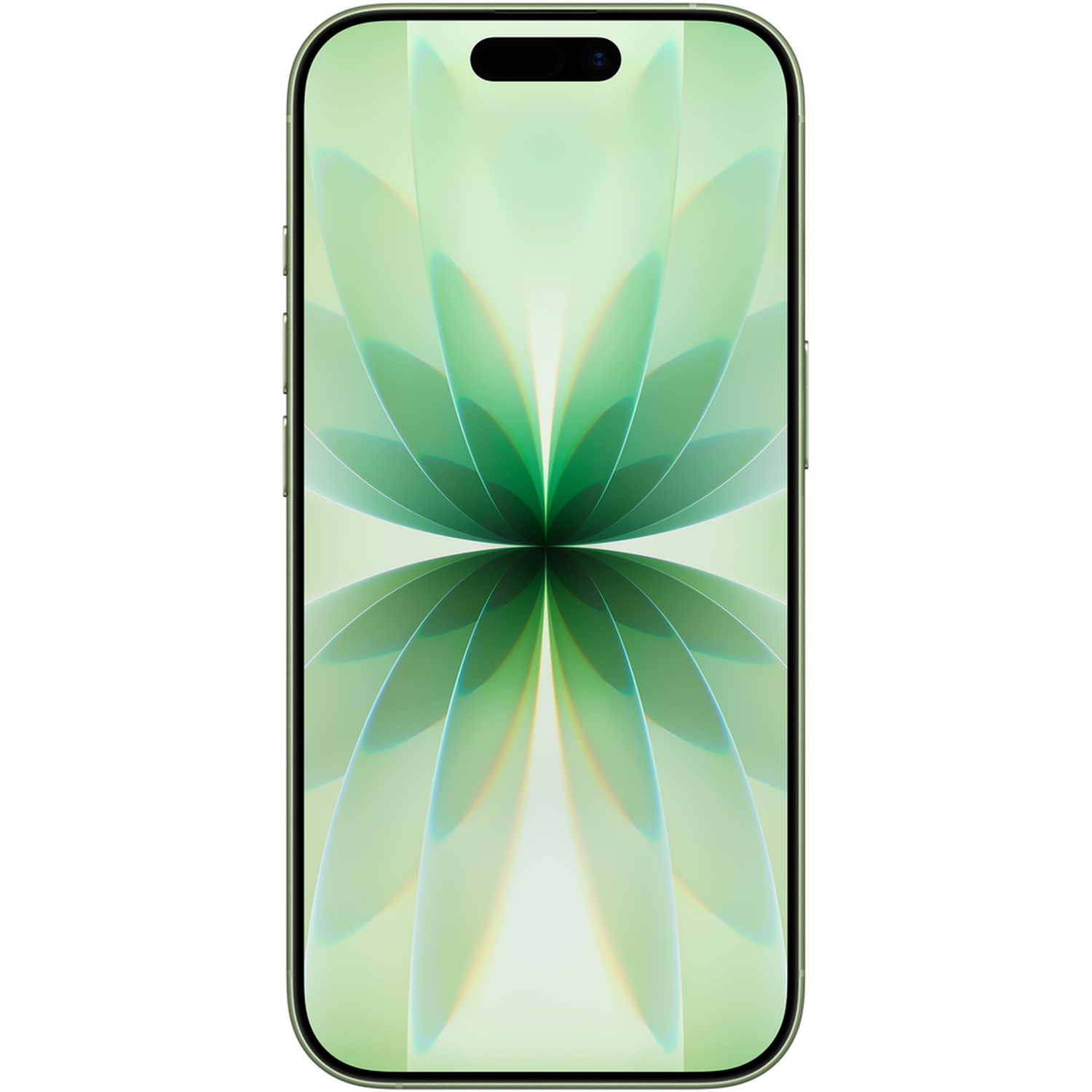 Een smartphone met een groen frame en een groen bloemachtig ontwerp op het scherm, met een zwarte balk bovenaan.