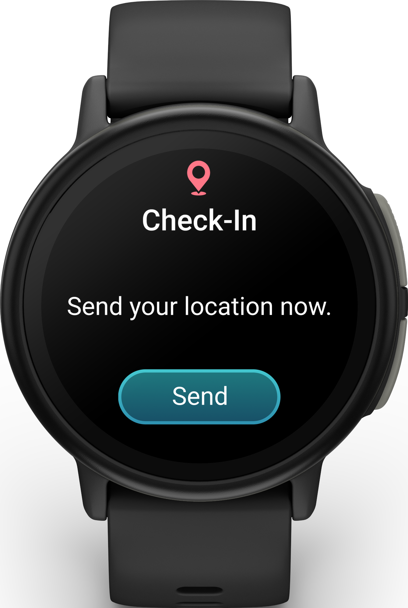 Eine Smartwatch zeigt einen Check-in-Bildschirm an. Text: Check-In, Senden Sie jetzt Ihren Standort und eine Senden-Schaltfläche. Ein rosa Standortsymbol ist sichtbar.