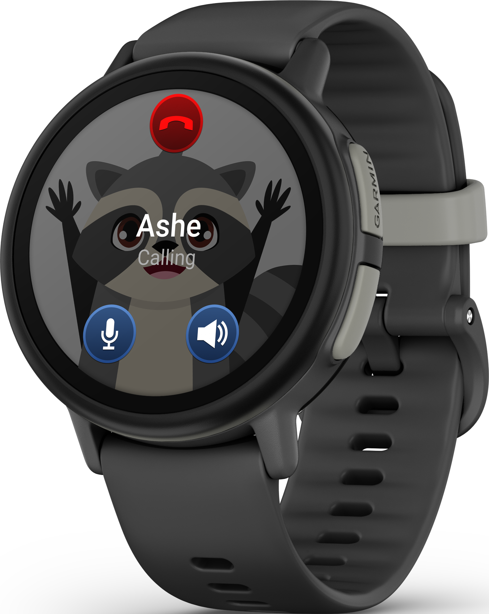 Eine Garmin-Smartwatch zeigt einen Waschbären namens Ashe an, der anruft. Mikrofon- und Lautsprechersymbole sind sichtbar.