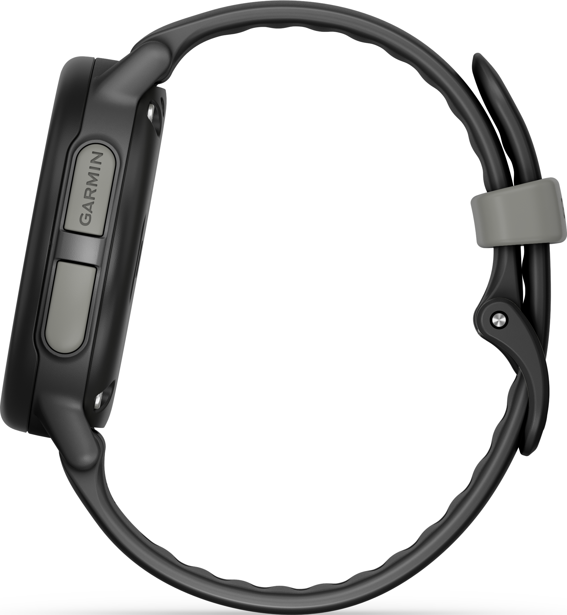 Seitenansicht einer schwarzen Garmin-Uhr. Das Armband ist geschlungen. Das Zifferblatt hat zwei Knöpfe.