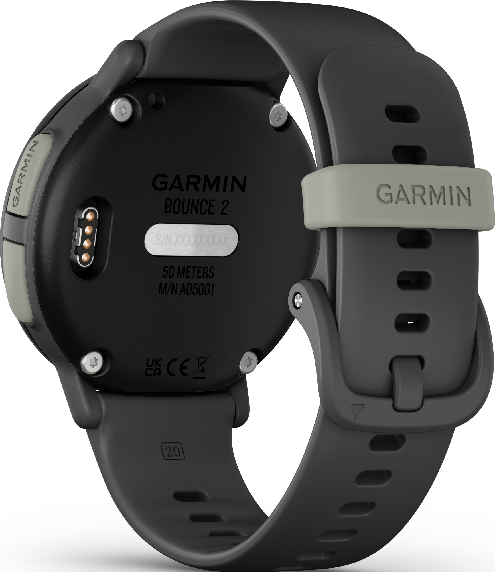 Eine Garmin Bounce 2 Smartwatch, schwarzes Gehäuse und Armband, graue Akzente. Rückseite mit Text und Sensoren. Ein grauer Verschluss hält das Band.