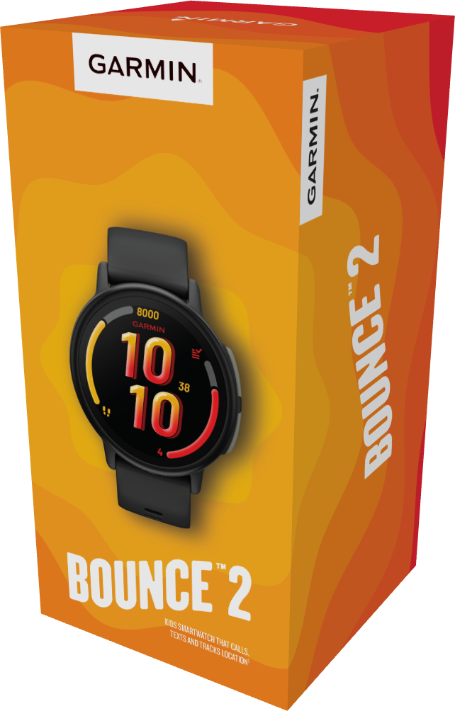 Eine Garmin Bounce 2 Smartwatch-Box. Die Schachtel ist orangefarben mit einem Bild der Uhr und Markendetails. Die Uhr ist schwarz mit rundem Zifferblatt.
