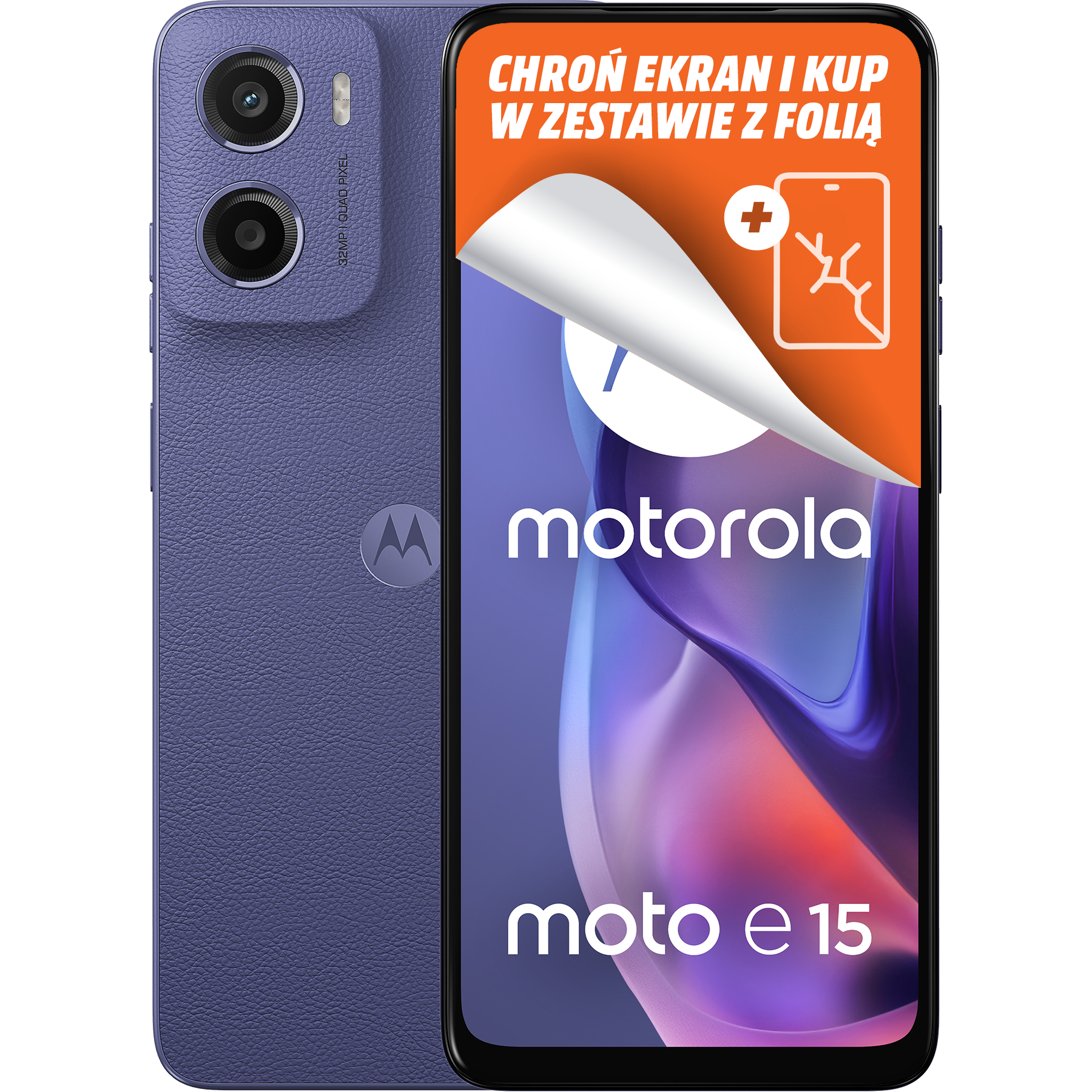 Fioletowy smartfon Motorola Moto E15 z ofertą folii ochronnej. Posiada podwójny aparat i logo Motorola.