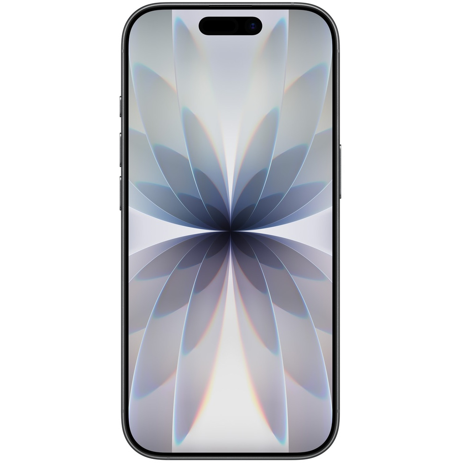 Een smartphone met een zwart frame en een licht scherm met een bloemachtig ontwerp. Het heeft een camera bovenaan.