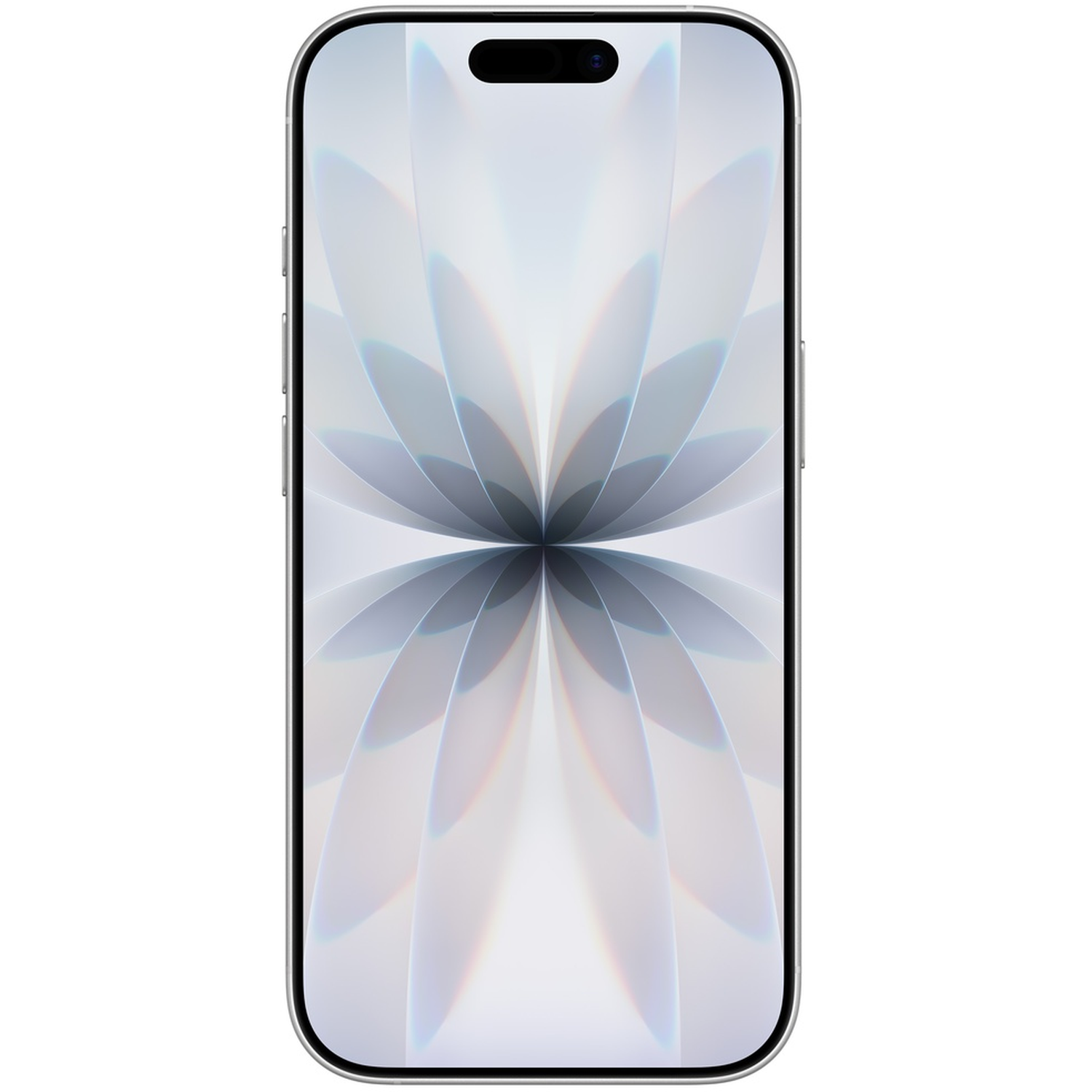 A smartphone with a silver frame and a screen displaying a light-colored, flower-like abstract pattern. The front camera is visible.