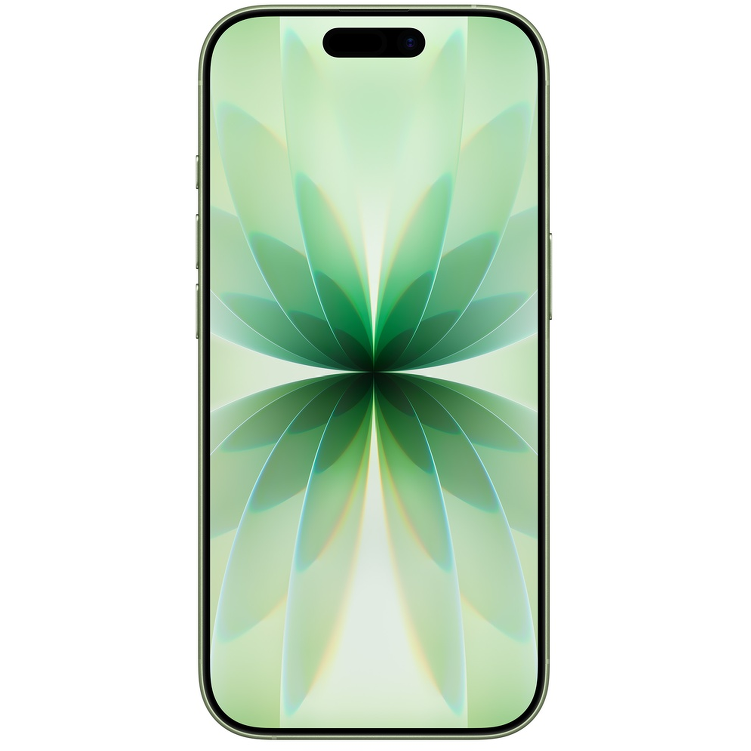 A green smartphone displays a floral design on its screen. The phone has a silver frame and is against a white background.