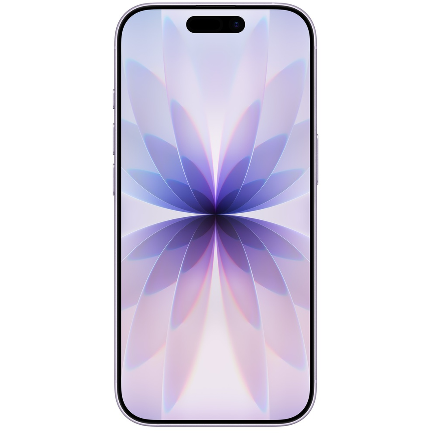 A silver smartphone displays a purple and white floral design on its screen. The phone has a black camera cutout at the top.