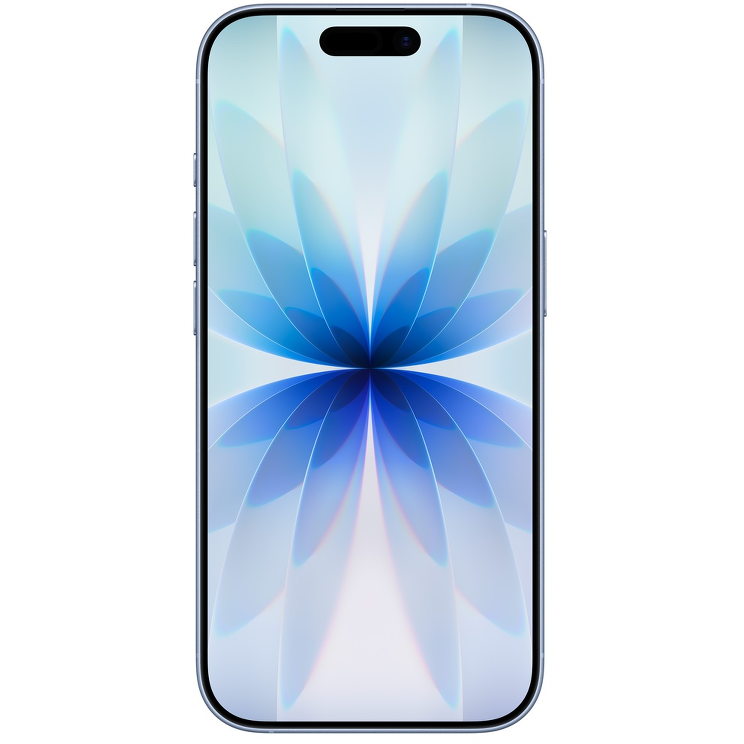 A smartphone with a blue frame and a screen displaying a blue and white floral design. The background is white.