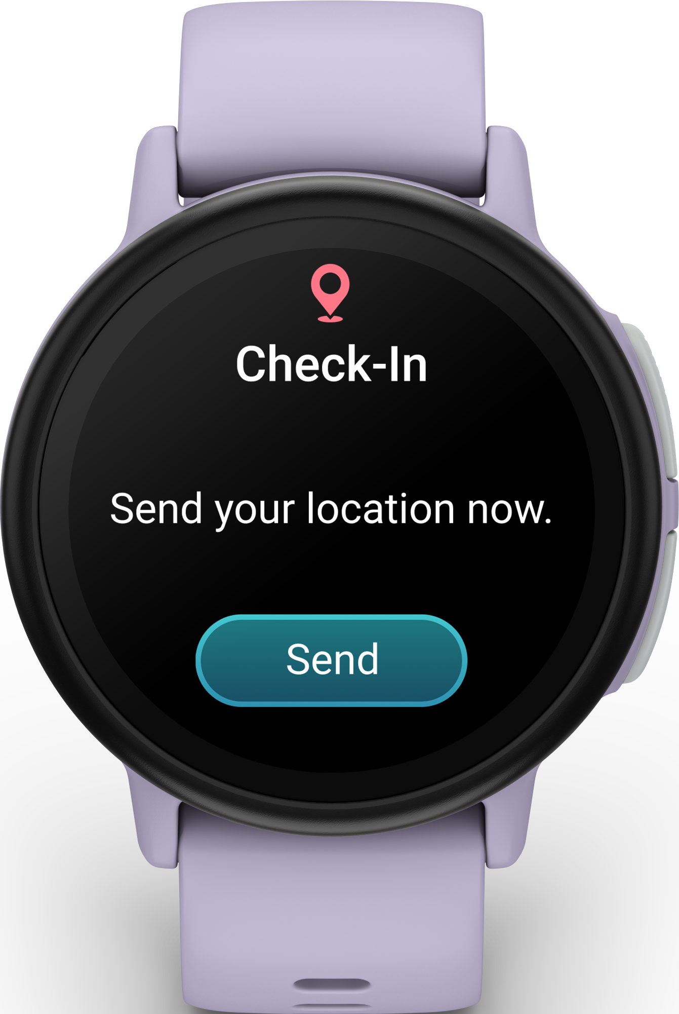 Ein Smartwatch-Bildschirm zeigt eine Check-in-Aufforderung. Es gibt ein Standortsymbol und der Text lautet: Senden Sie jetzt Ihren Standort. Senden-Taste.