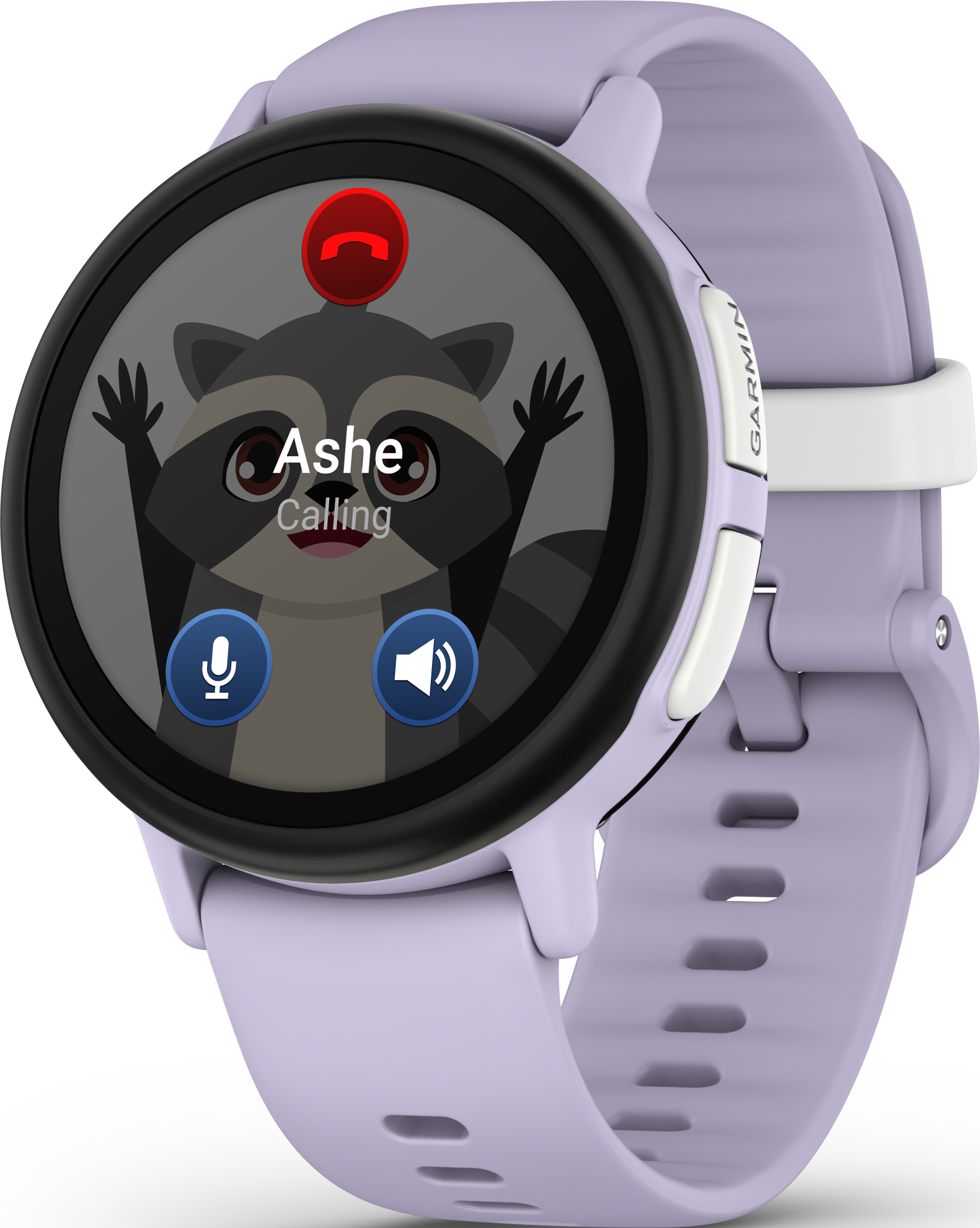 Eine lila Garmin-Smartwatch zeigt einen Waschbären namens Ashe während eines Anrufs an. Der Hintergrund ist schwarz.