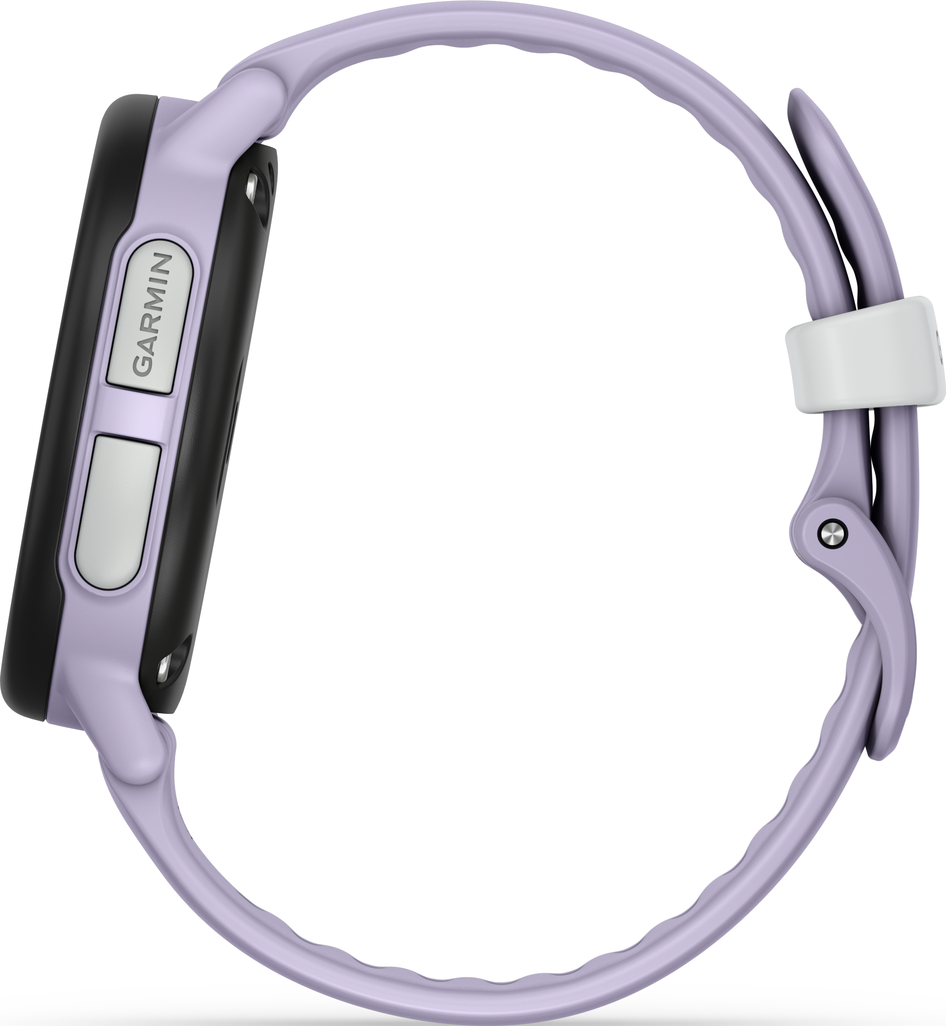 Eine lavendelfarbene Garmin-Smartwatch mit schwarzem Gehäuse wird auf schwarzem Hintergrund angezeigt. Das Armband ist helllila.