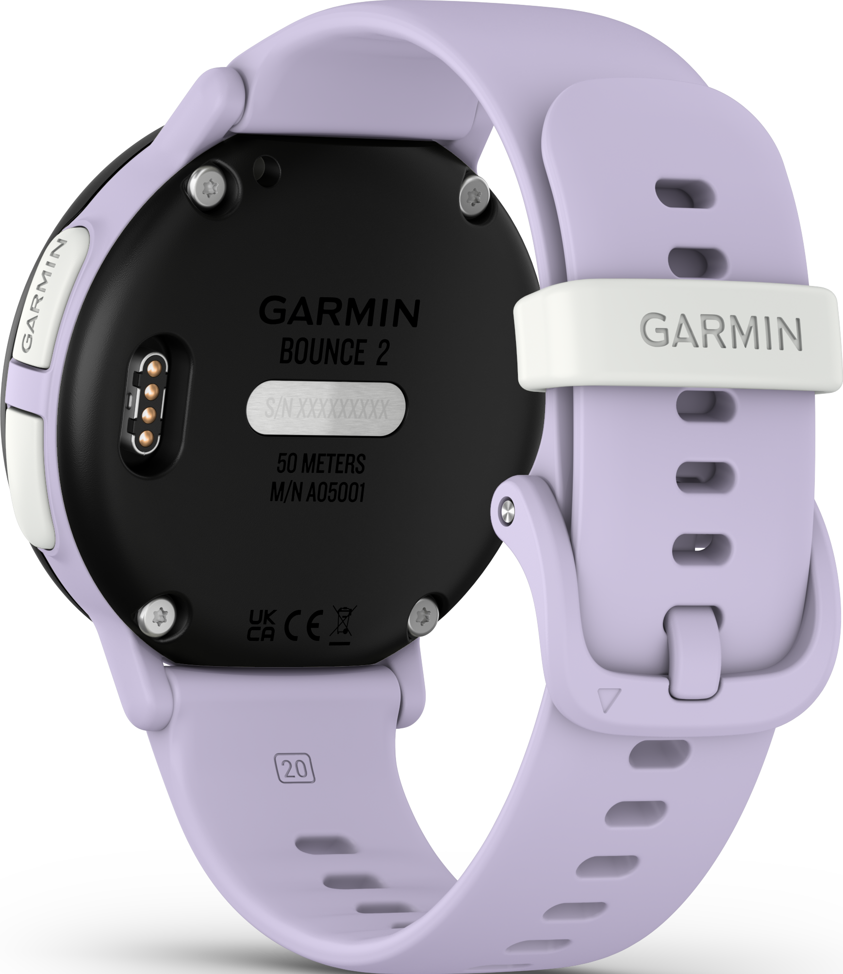 Garmin Bounce 2 Smartwatch, Lavendelband. Schwarzes Zifferblatt. Weißes Garmin-Logo auf dem Band. Text beinhaltet '50 Meter' und 'M/N A05001'.