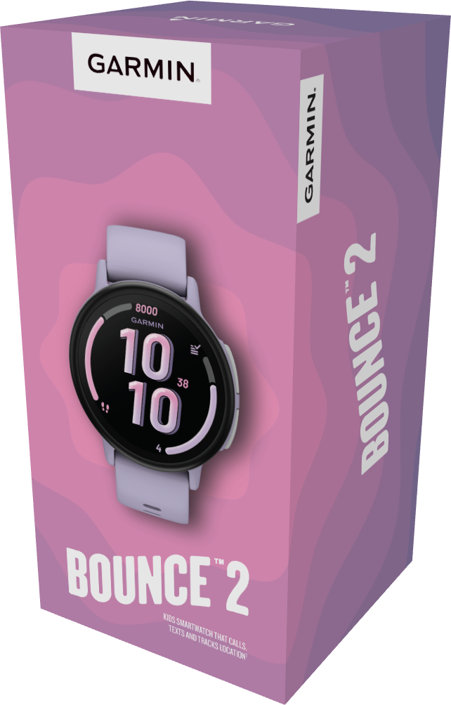 Eine Garmin Bounce 2 Smartwatch-Box. Die Uhr wird auf der Vorderseite angezeigt, und die Box ist lila und rosa.
