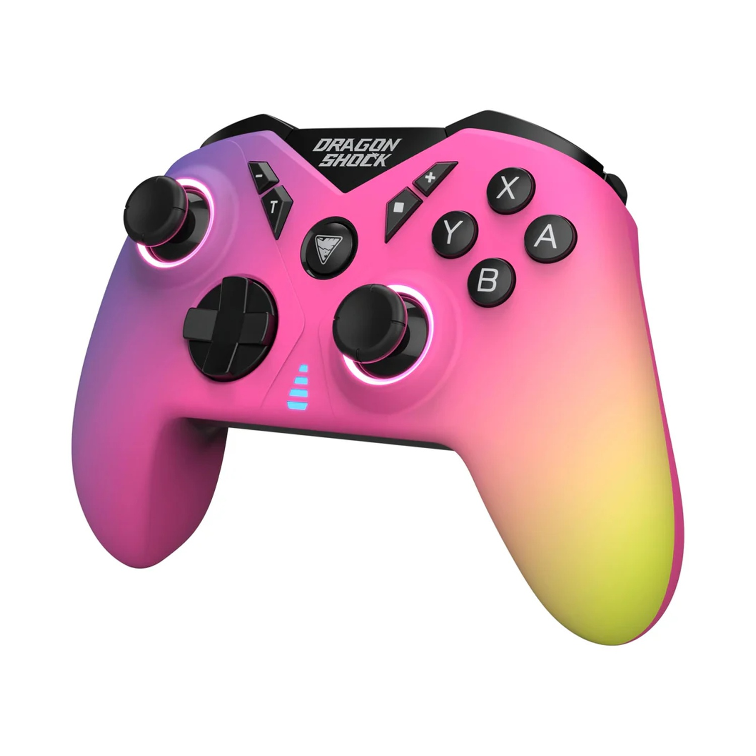 Un controller di gioco rosa e giallo sfumato. Ha pulsanti, joystick e le parole 'DRAGON SHOCK'. È su uno sfondo bianco.