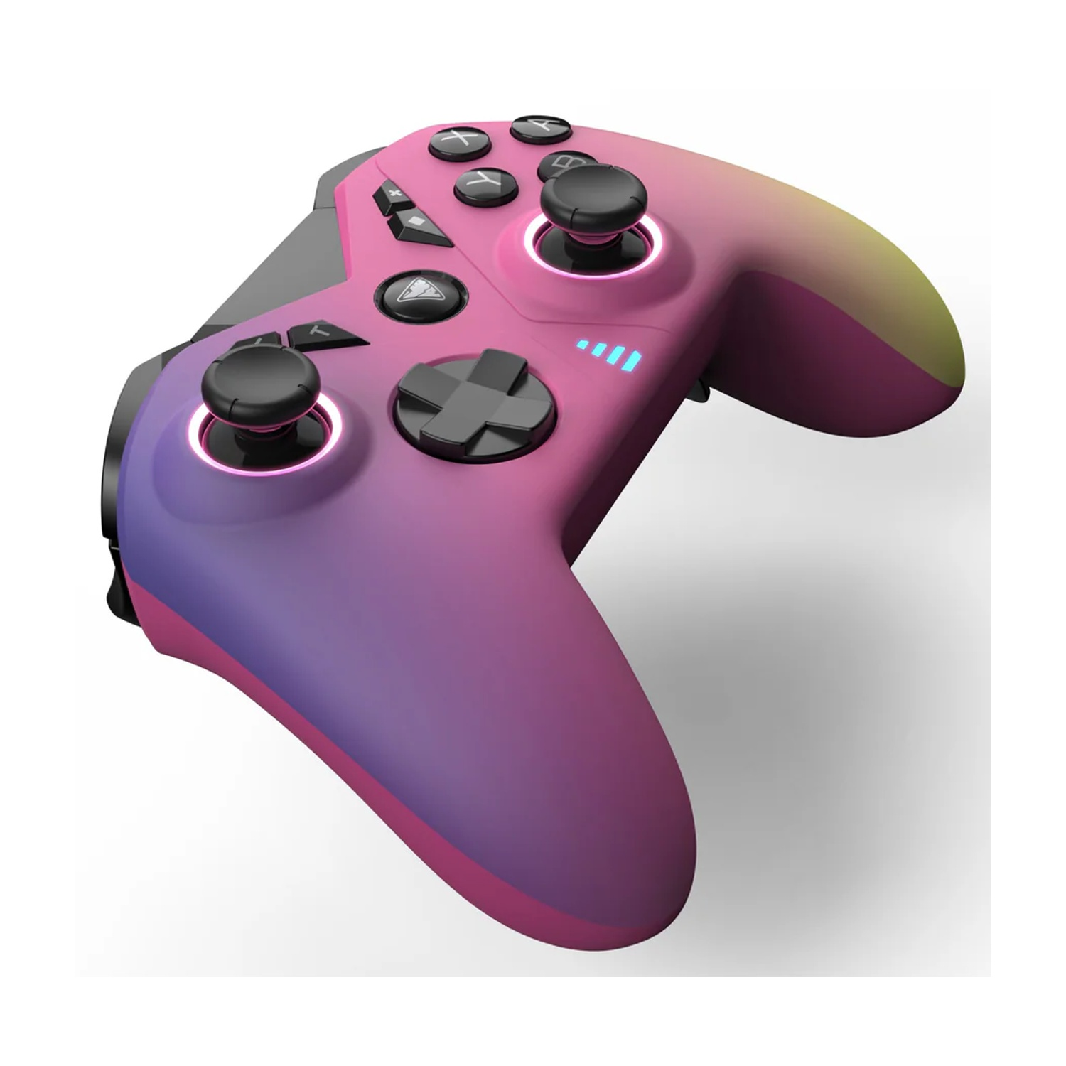 Un controller di gioco sfumato rosa-viola con pulsanti e joystick neri, illuminato da luci blu. Sfondo bianco.
