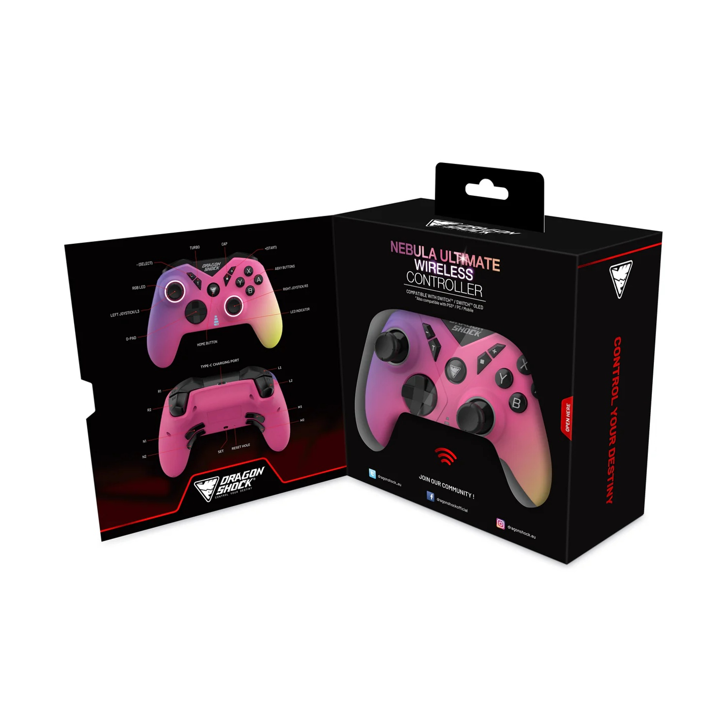 Un controller di gioco con una sfumatura rosa e viola è mostrato nella sua scatola. La scatola è nera con testo e l'immagine del controller.
